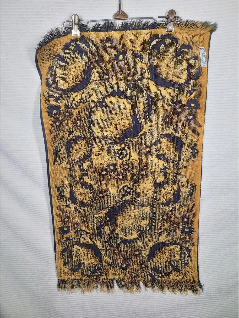 Vtg 70s Fieldcrest Poppies Bath Towel Black Gold 100% Cotton Bathmat Retro Rare